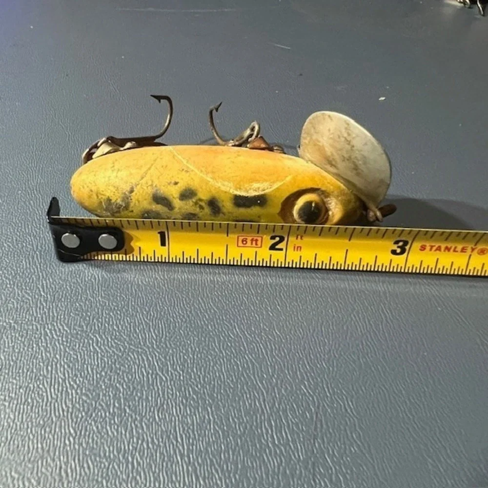 2 Vintage Fred Arbogast Jitterbug Fishing Lures Frog Pattern Topwater Bass Akron